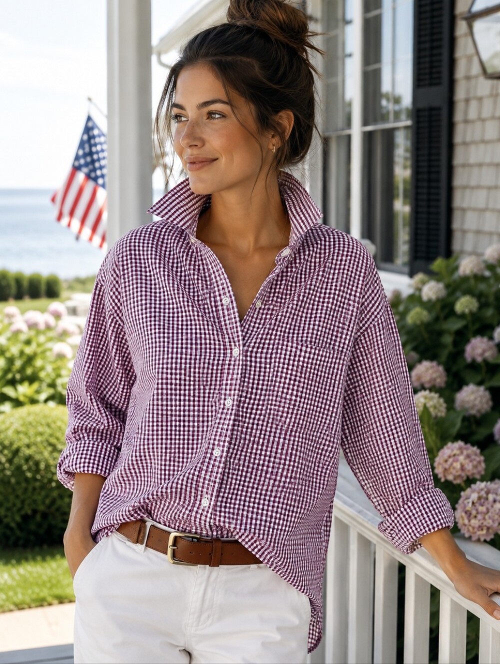 Burgundy Gingham Button-Down Shirt | Preppy Coastal Hamptons Classic |